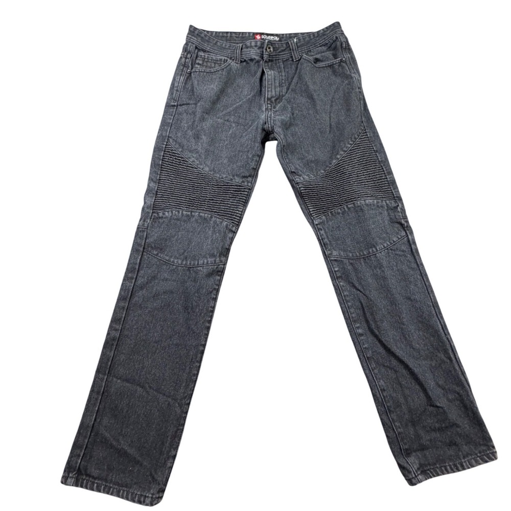 Southpole Mens Moto Biker Jeans Washed Black Ribbed Knee Denim 34x32‎